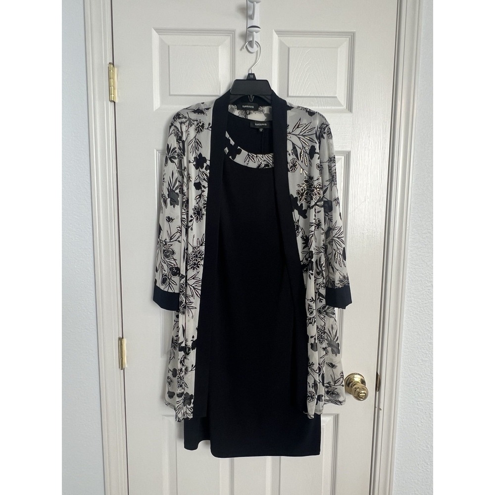 R&M Richards 2-Piece Dress & Jacket Set Size 16 Black/White Floral Party